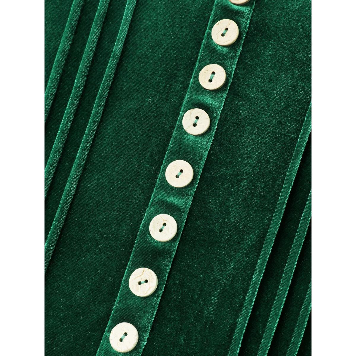 Plus Size DarkGreen Velvet Pleated Button Neckline Blouse Women Party&Cocktail Elbow-length sleeve Round Neck Party Blouses BloomChic 30/6X Product Image