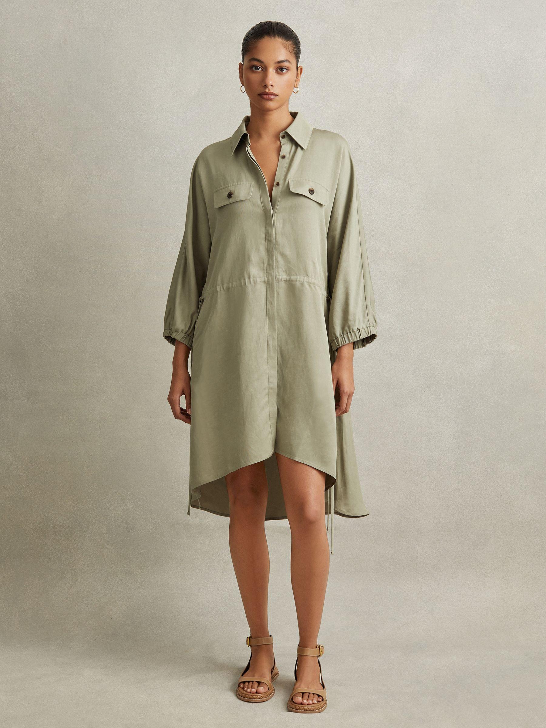 Viscose-Linen Tie Waist Mini Dress in Green Product Image