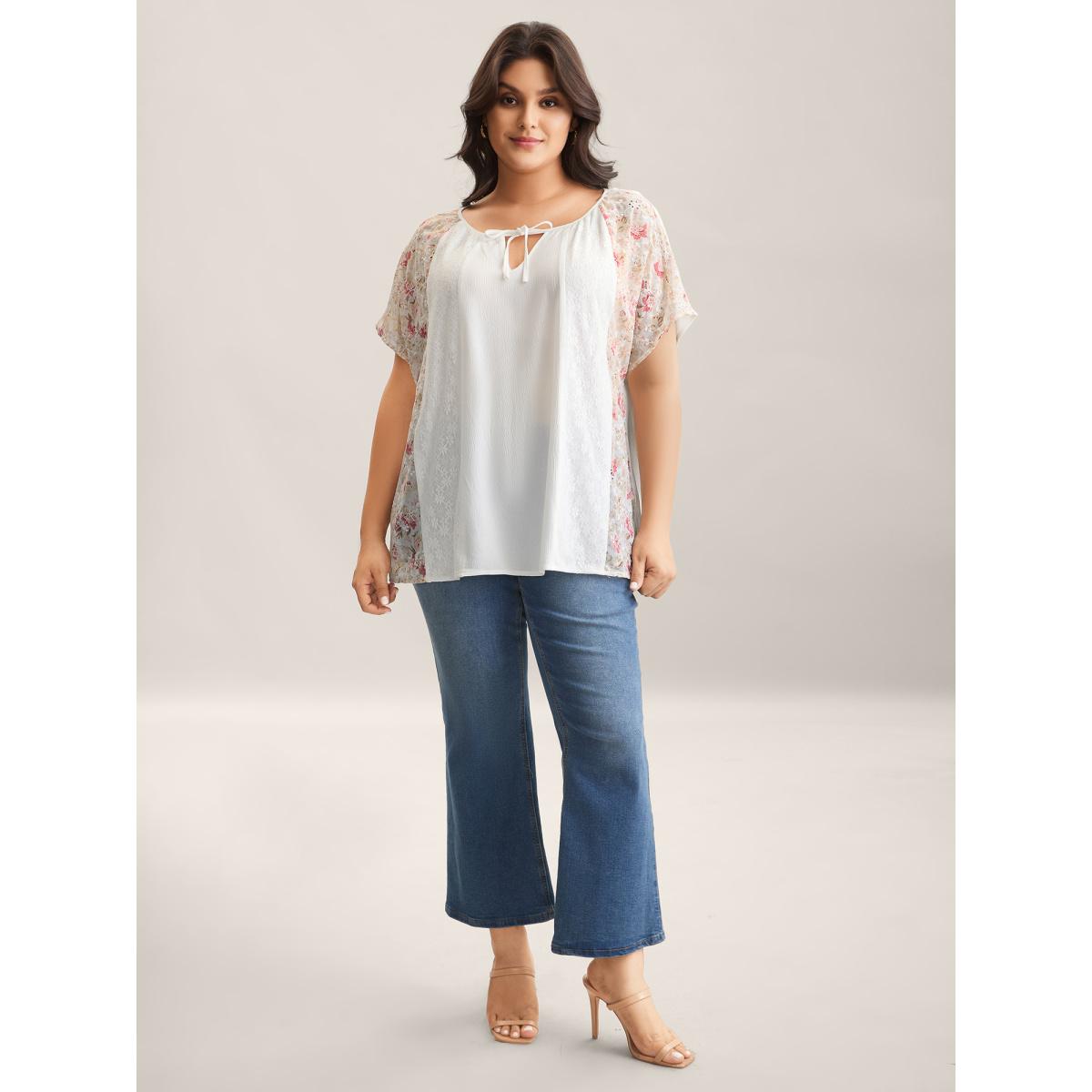 Plus Size Originalwhite Floral Print Panel Sheer Keyhole Blouse Women Short sleeve Round Neck Elegant Blouses BloomChic 26/4X Product Image