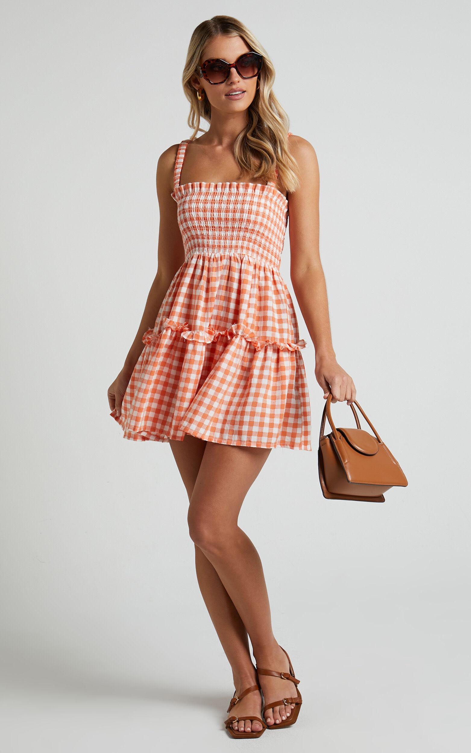 Wilda Mini Dress - Shirred Tiered Dress in Orange Product Image