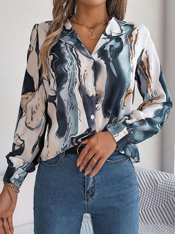 Long Sleeves Loose Buttoned Printed Notched Collar Blouses&Shirts Tops Product Image