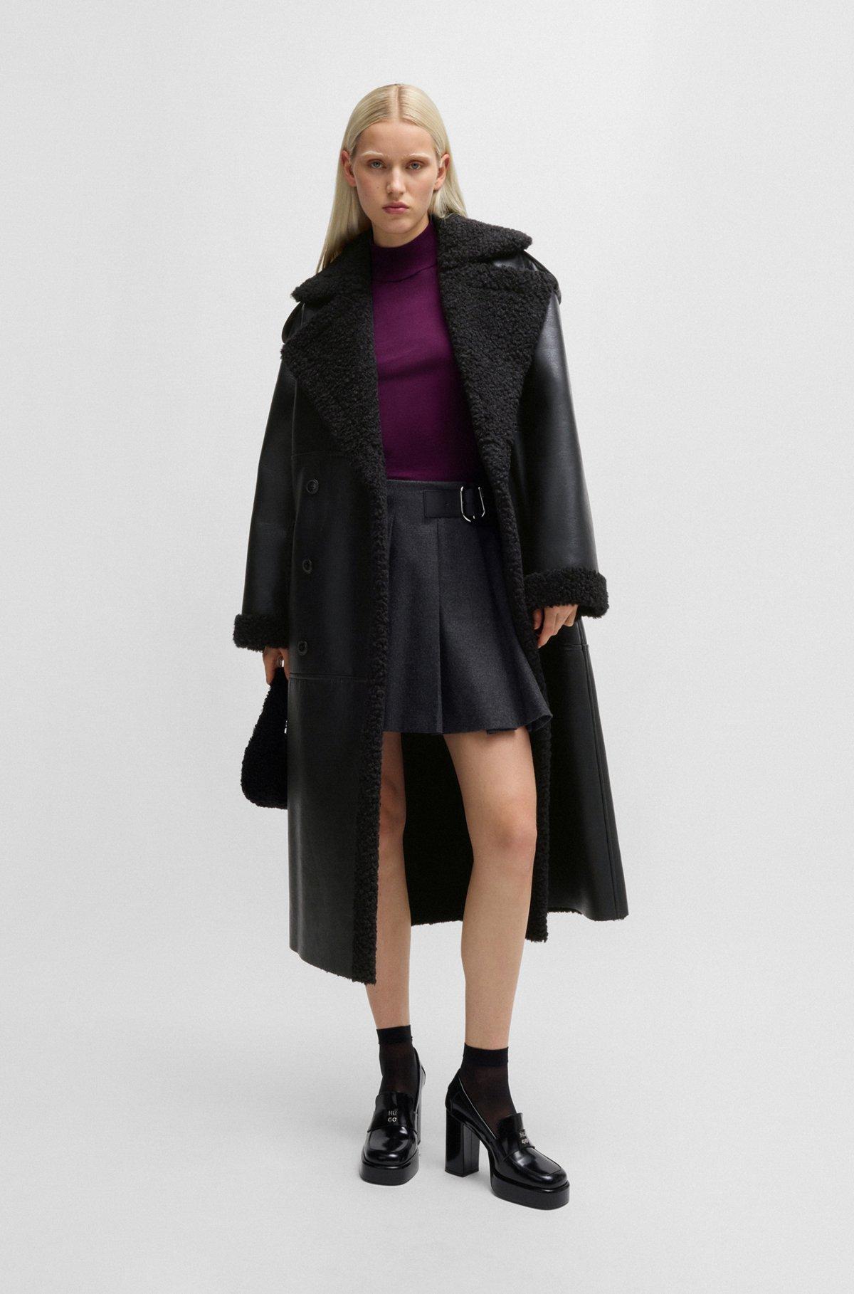 HUGO - Oversize-fit faux-leather coat with faux-fur trims - Black Product Image