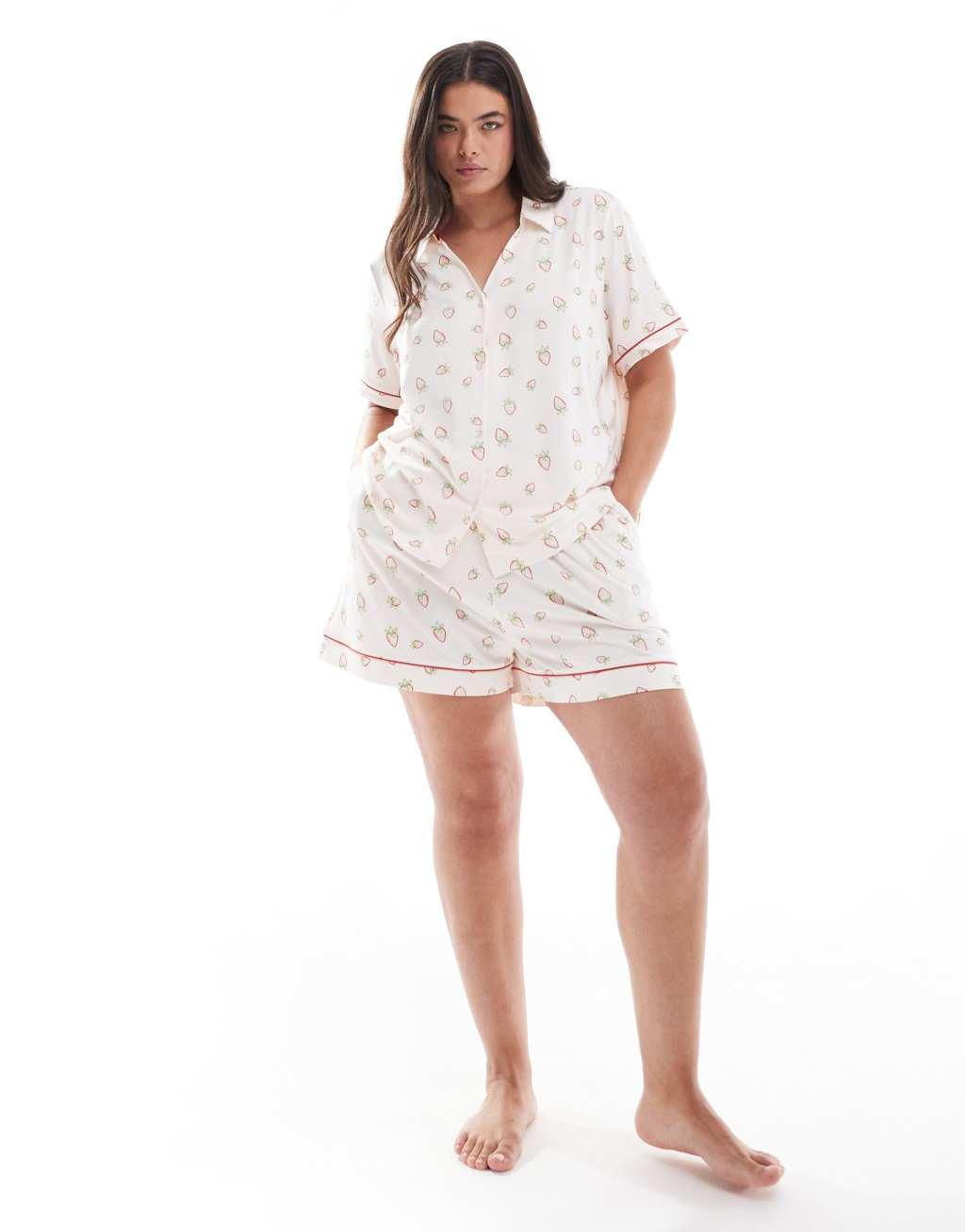 Chelsea Peers Curve poly short sleeve revere pajama set in ditsy strawberry print Product Image