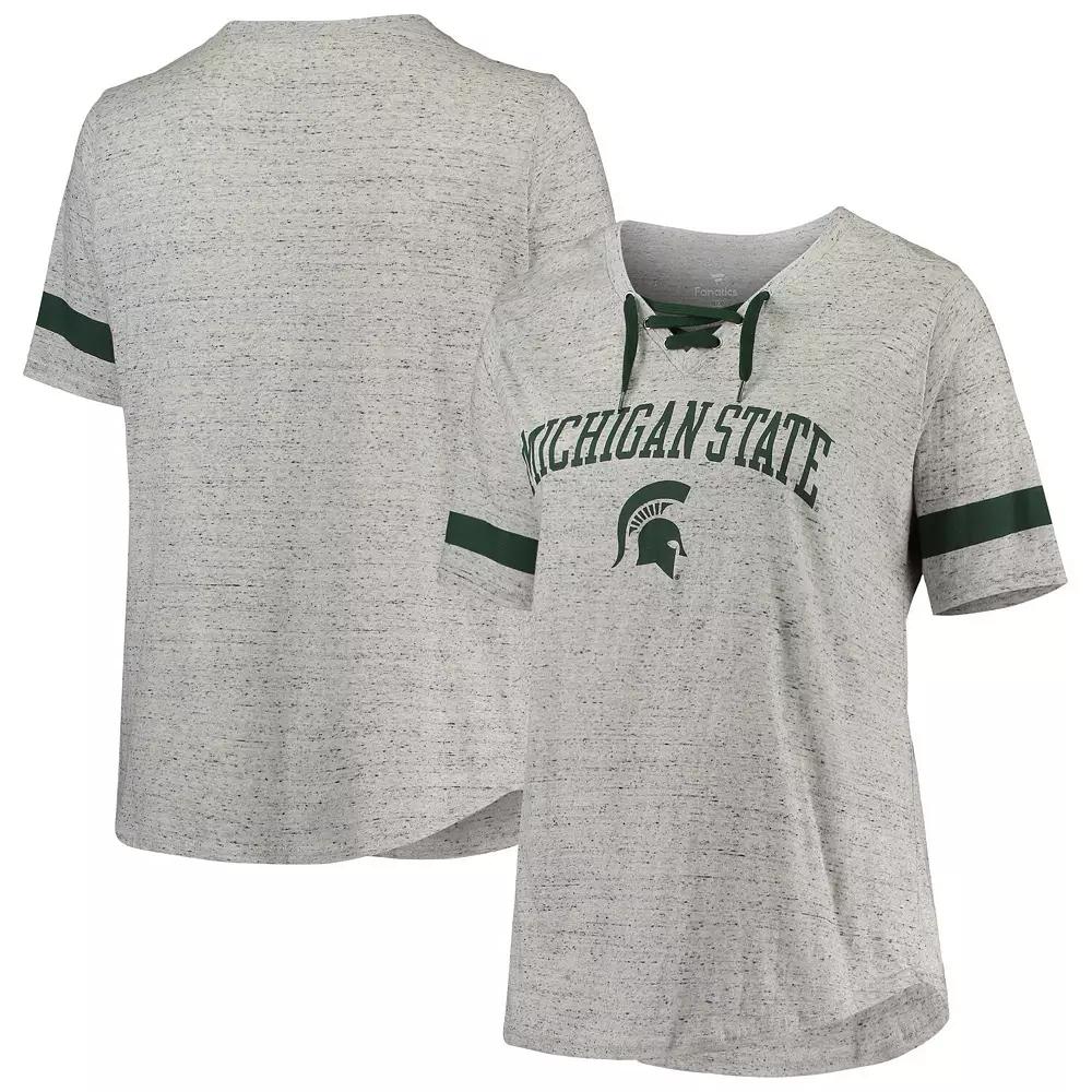 Women's Heathered Gray/Green Michigan State Spartans Plus Size Lace-Up V-Neck T-Shirt, Size: 1XL, Grey Product Image
