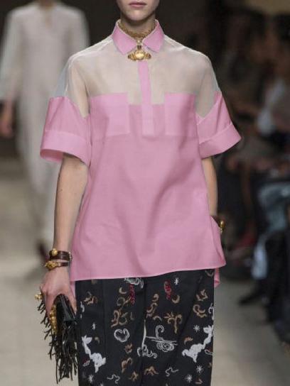 Short Sleeves See-Through Solid Color Split-Joint Lapel Blouses&Shirts Tops Product Image