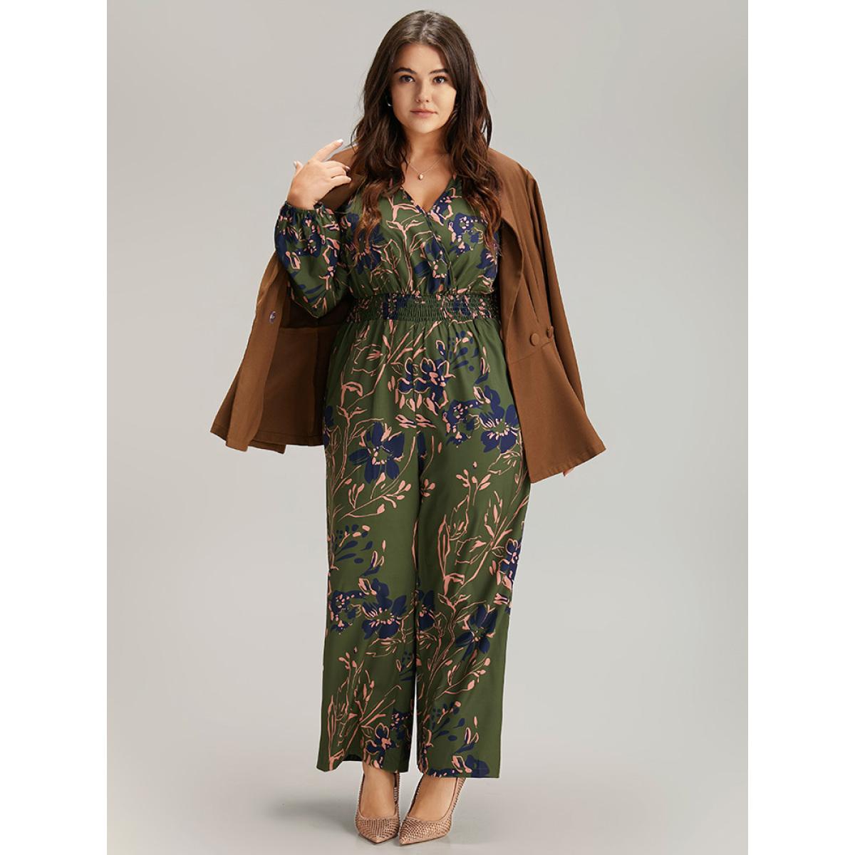 Plus Size Moss Silhouette Floral Print Shirred Elastic Cuffs Jumpsuit Women Resort Long Sleeve V-neck Vacation Loose Jumpsuits BloomChic 12/L Product Image