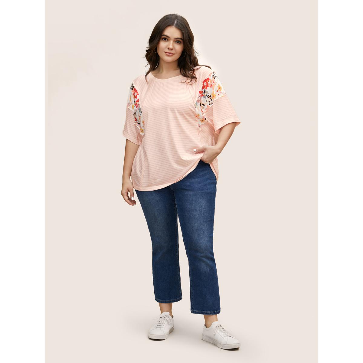 Plus Size Crew Neck Striped Patchwork Floral Print T-shirt MistyRose Women Casual Contrast Natural Flowers Round Neck Everyday T-shirts BloomChic 30/6X Product Image