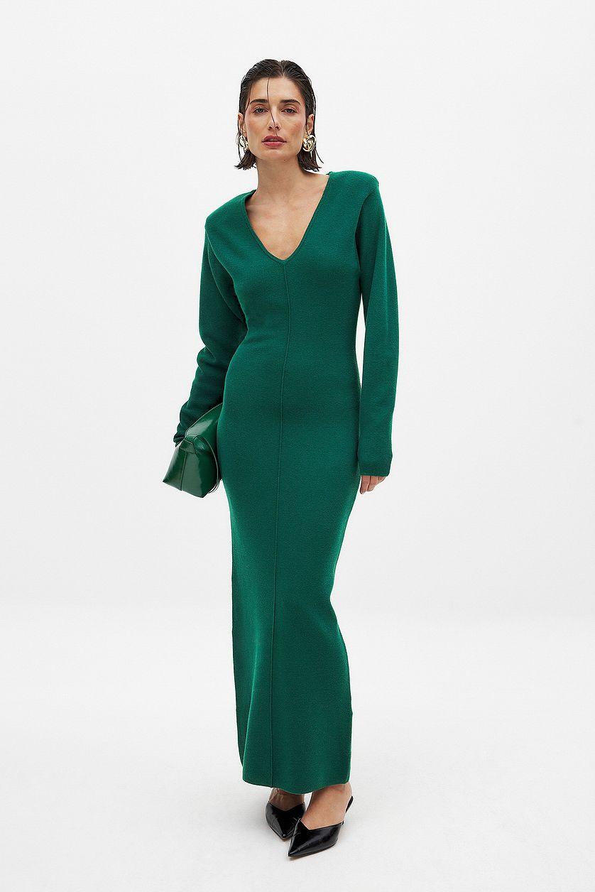 Knitted V-Neck Maxi Dress Green Product Image