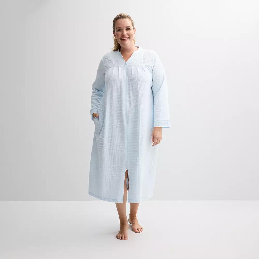 Plus Size Miss Elaine Essentials Brushed Waffle Long Zip Robe, Women's, Size: 3XL, Light Blue Product Image
