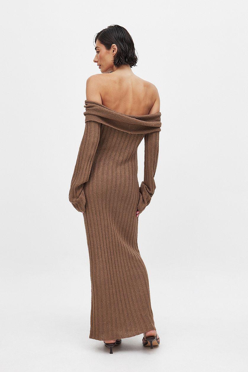 Knitted Offshoulder Midi Dress Brown Product Image