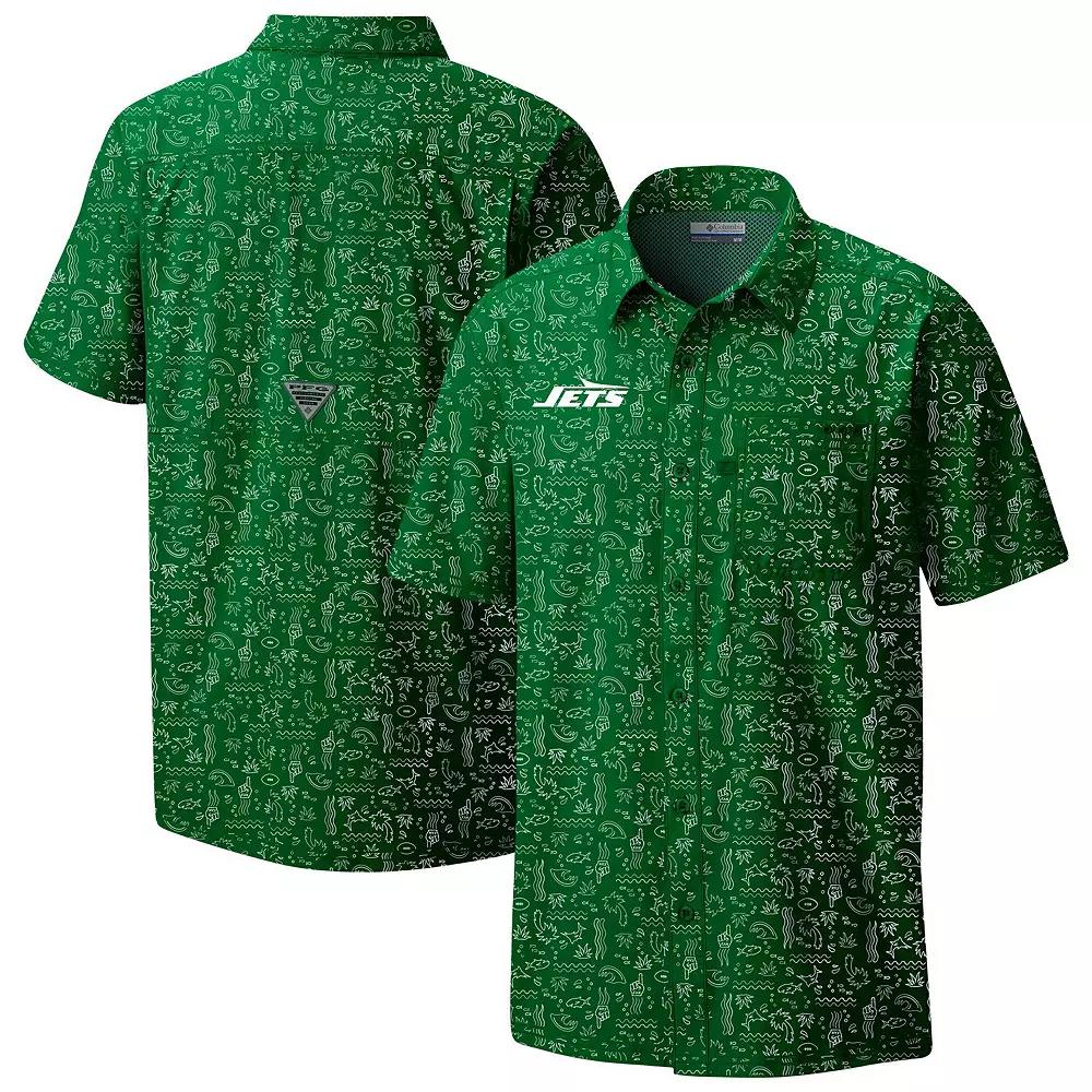 Men's Columbia PFG Green New York Jets Super Slack Tide Omni-Wick Button-Up Shirt,  Product Image