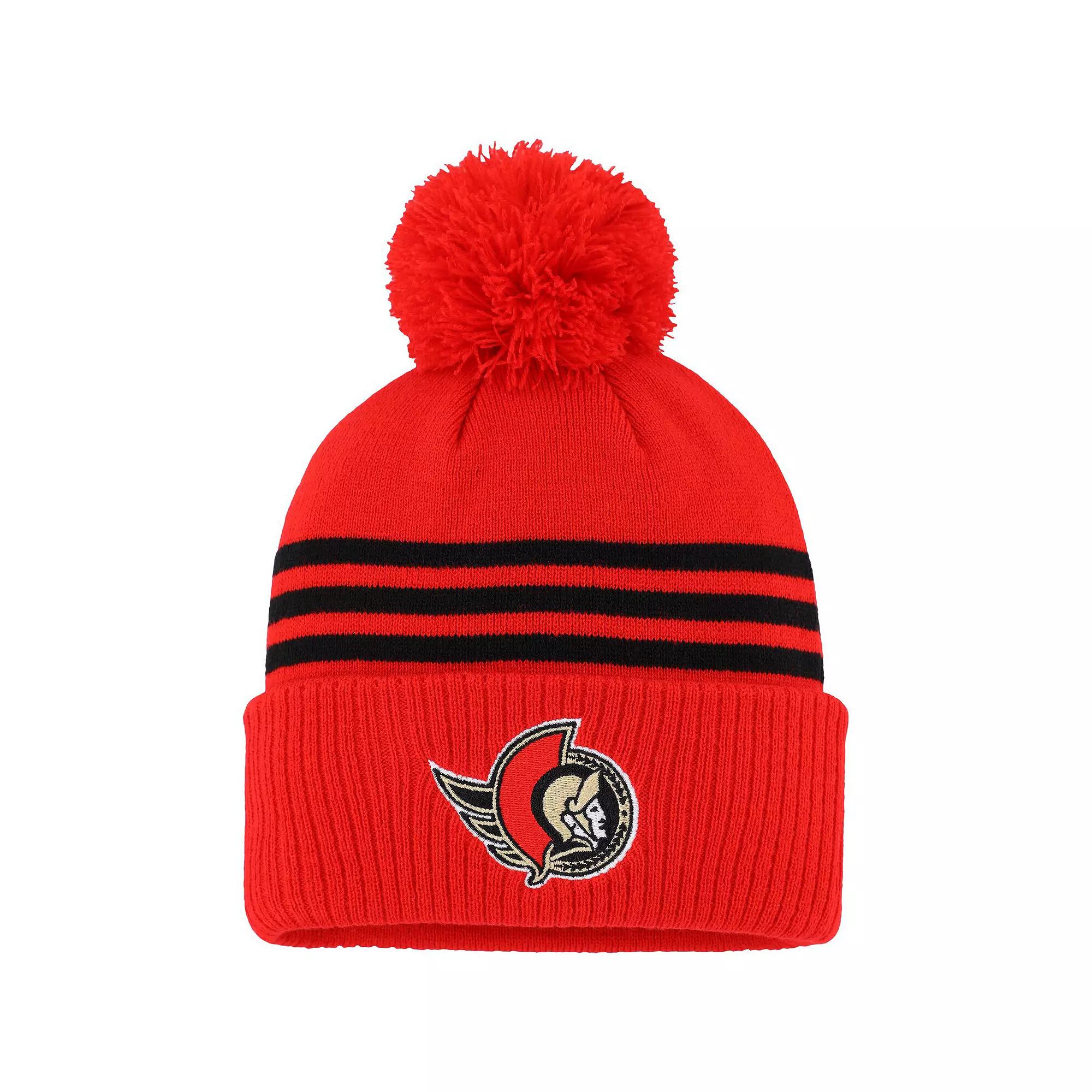 Men's adidas Red Ottawa Senators Locker Room Three Stripe Cuffed Knit Hat with Pom, Sen Red Product Image