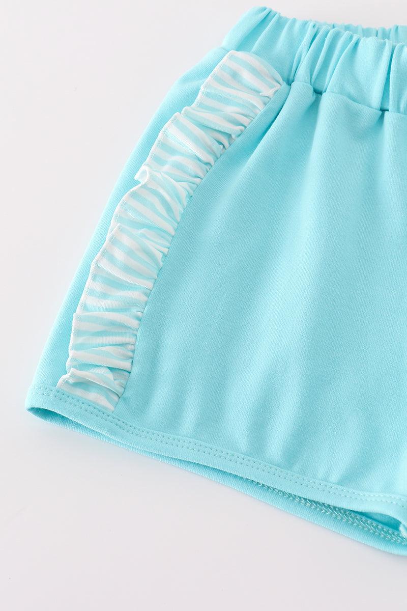 Blue apple pencil bus embroidery smocked shorts set Product Image