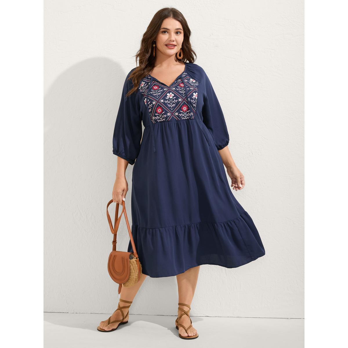 Plus Size Floral Embroidery Pockets Midi Dress DarkBlue Women Boho Notched collar Elbow-length sleeve Curvy BloomChic 14-16/1X Product Image