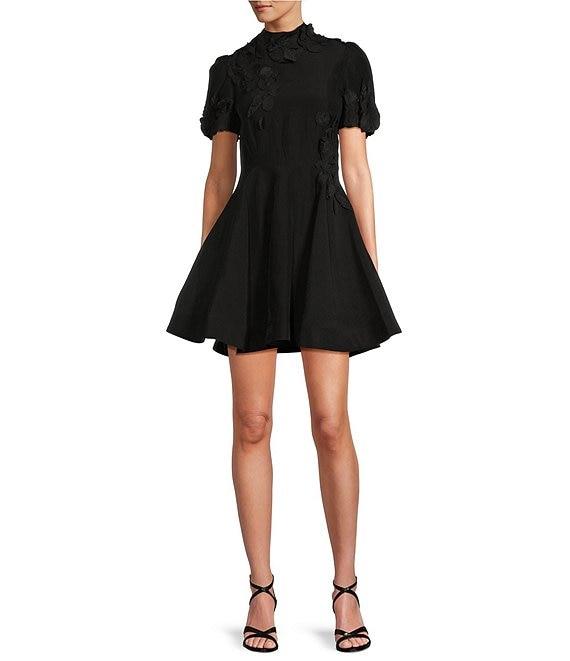 Antonio Melani Iris Linen Blend Floral Applique Mock Neck A-Line Mini Dress Product Image