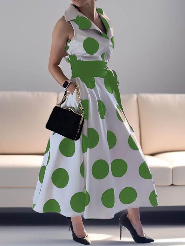 A-Line Sleeveless Polka-Dot Split-Joint Tied Waist Lapel Maxi Dresses Shirt Dress Product Image