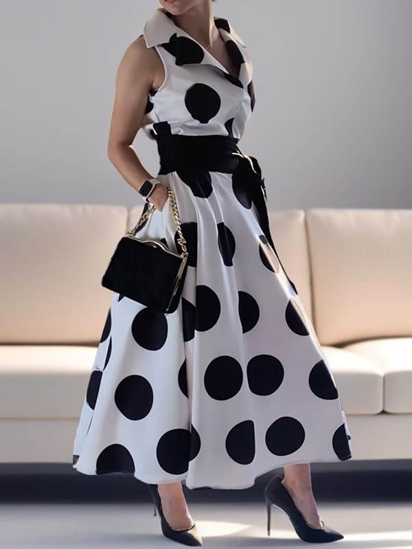 A-Line Sleeveless Polka-Dot Split-Joint Tied Waist Lapel Maxi Dresses Shirt Dress Product Image