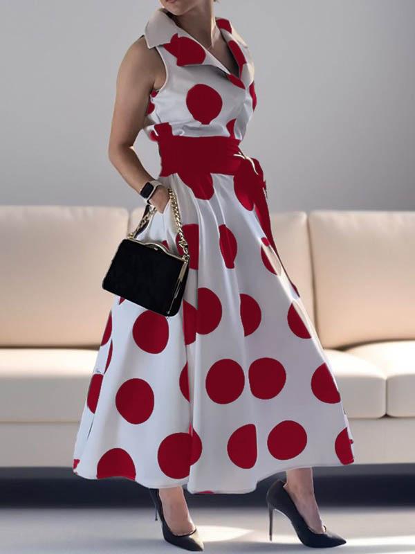 A-Line Sleeveless Polka-Dot Split-Joint Tied Waist Lapel Maxi Dresses Shirt Dress Product Image