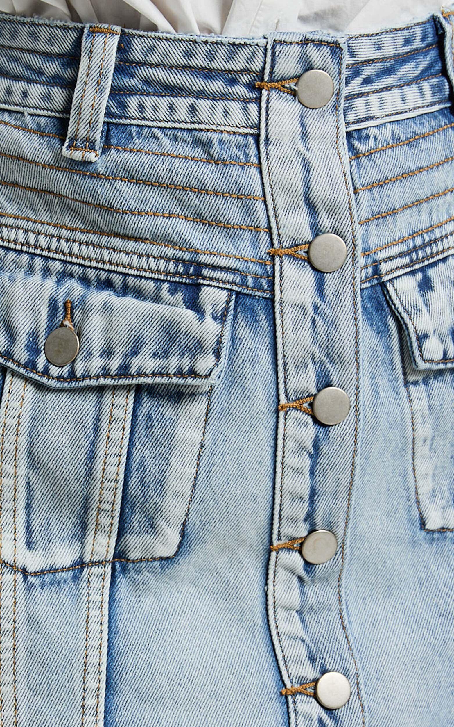 Gennlee Mini Skirt - Cotton Contrast Denim Skirt in Light Wash Blue Product Image