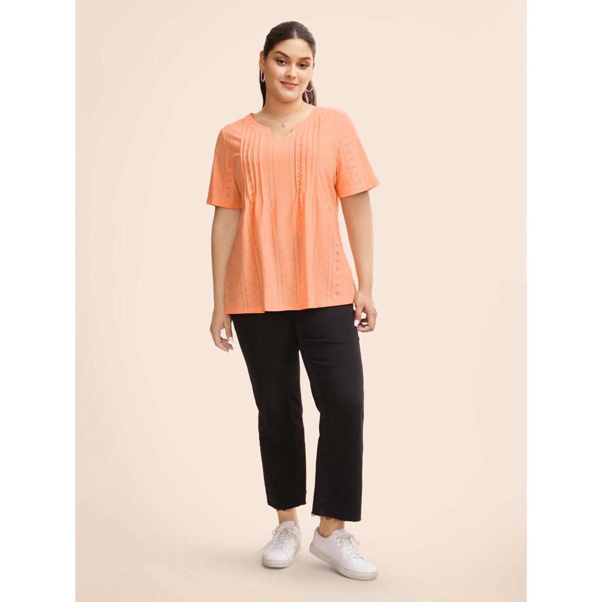 Plus Size Notched Broderie Anglaise Pleated T-shirt Lightorange Women Casual Texture Flat collar with V-notch Everyday T-shirts BloomChic 26/4X Product Image
