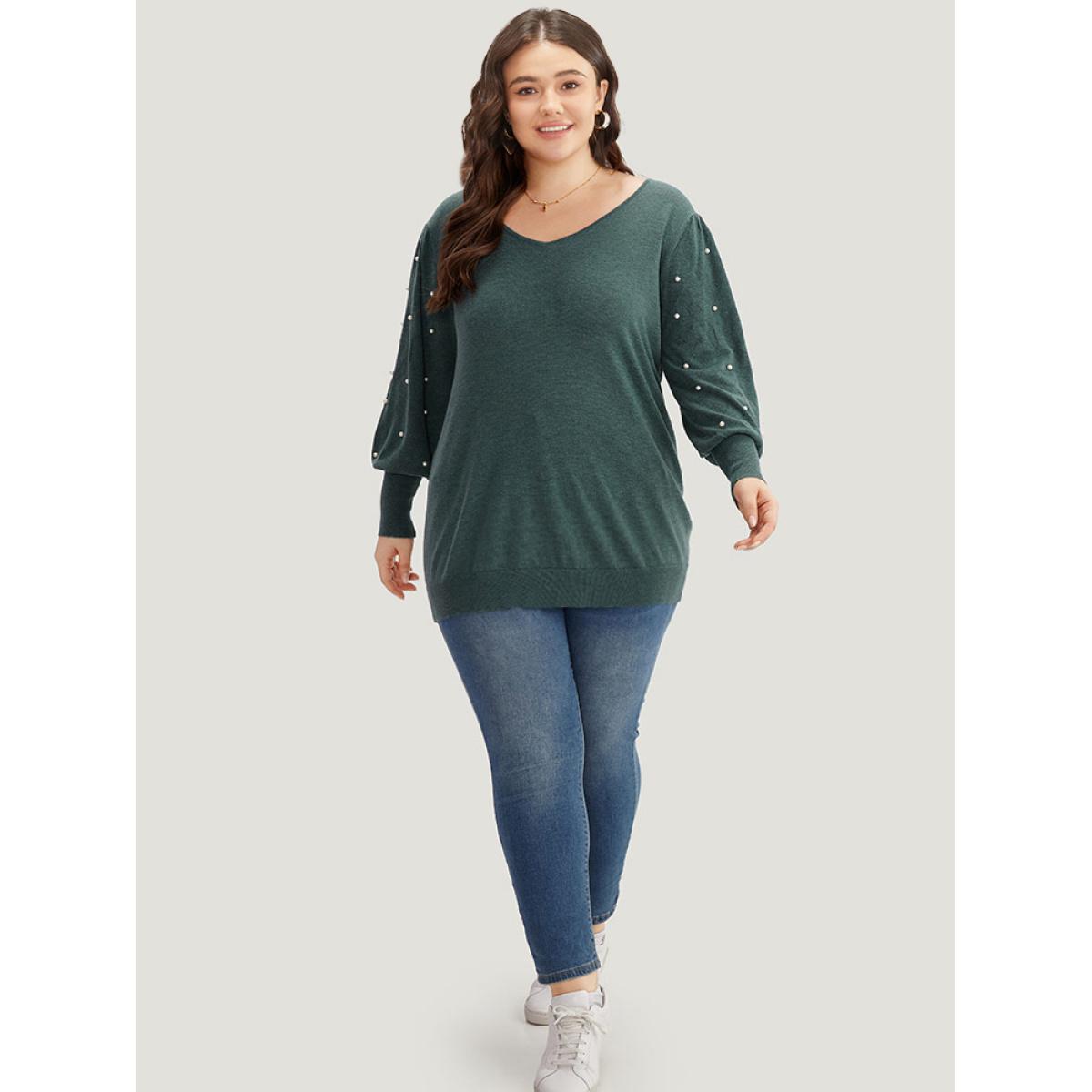 Plus Size Supersoft Essentials Solid Pearl Beaded Elastic Cuffs Pullover DarkGreen Women Casual Long Sleeve V-neck Dailywear Pullovers BloomChic 26/4X Product Image