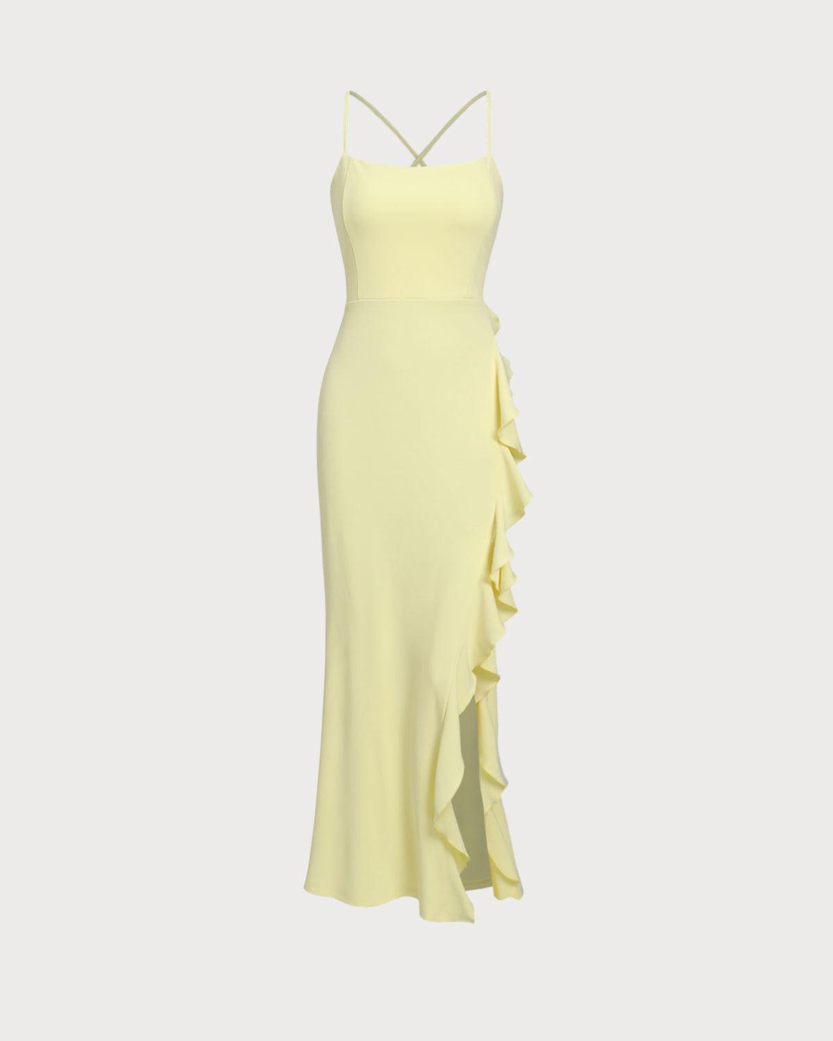 Yellow Ruffle Backless Slit Slip Maxi Dress Product Image