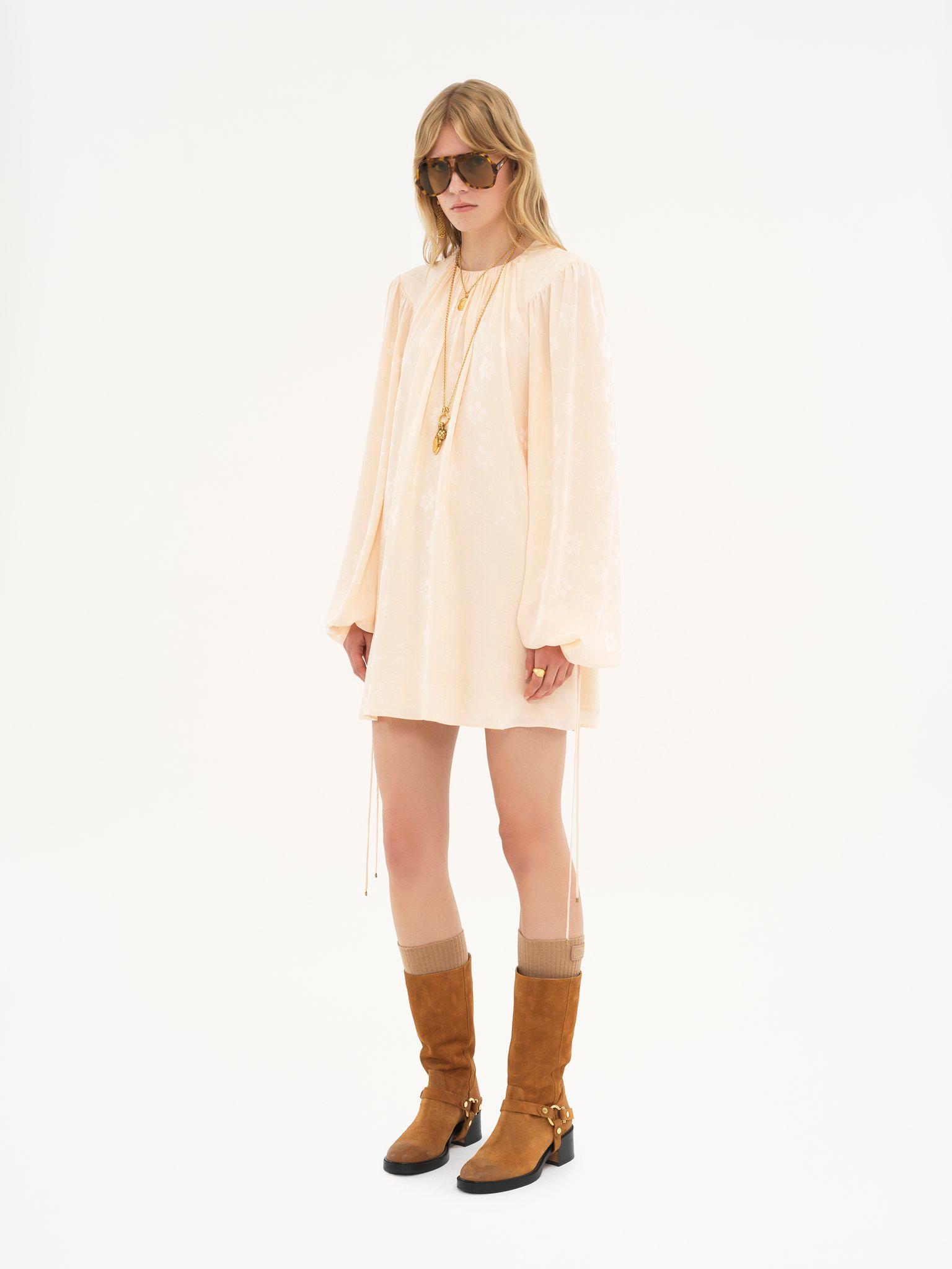 Gathered mini dress in silk jacquard Product Image