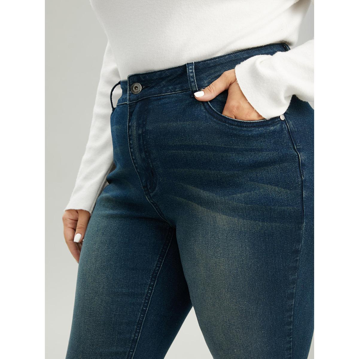 Plus Size Very Stretchy Straight Leg Roll Hem Jeans Women Aegean Casual Plain Plain High stretch Pocket Jeans BloomChic 12/L Product Image