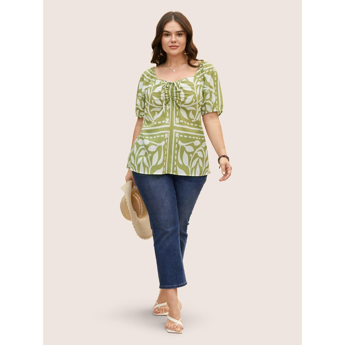 Plus Size Sage Heart Neckline Boho Print Drawstring Gathered Blouse Women Resort Short sleeve Heart neckline Vacation Blouses BloomChic 12/L Product Image