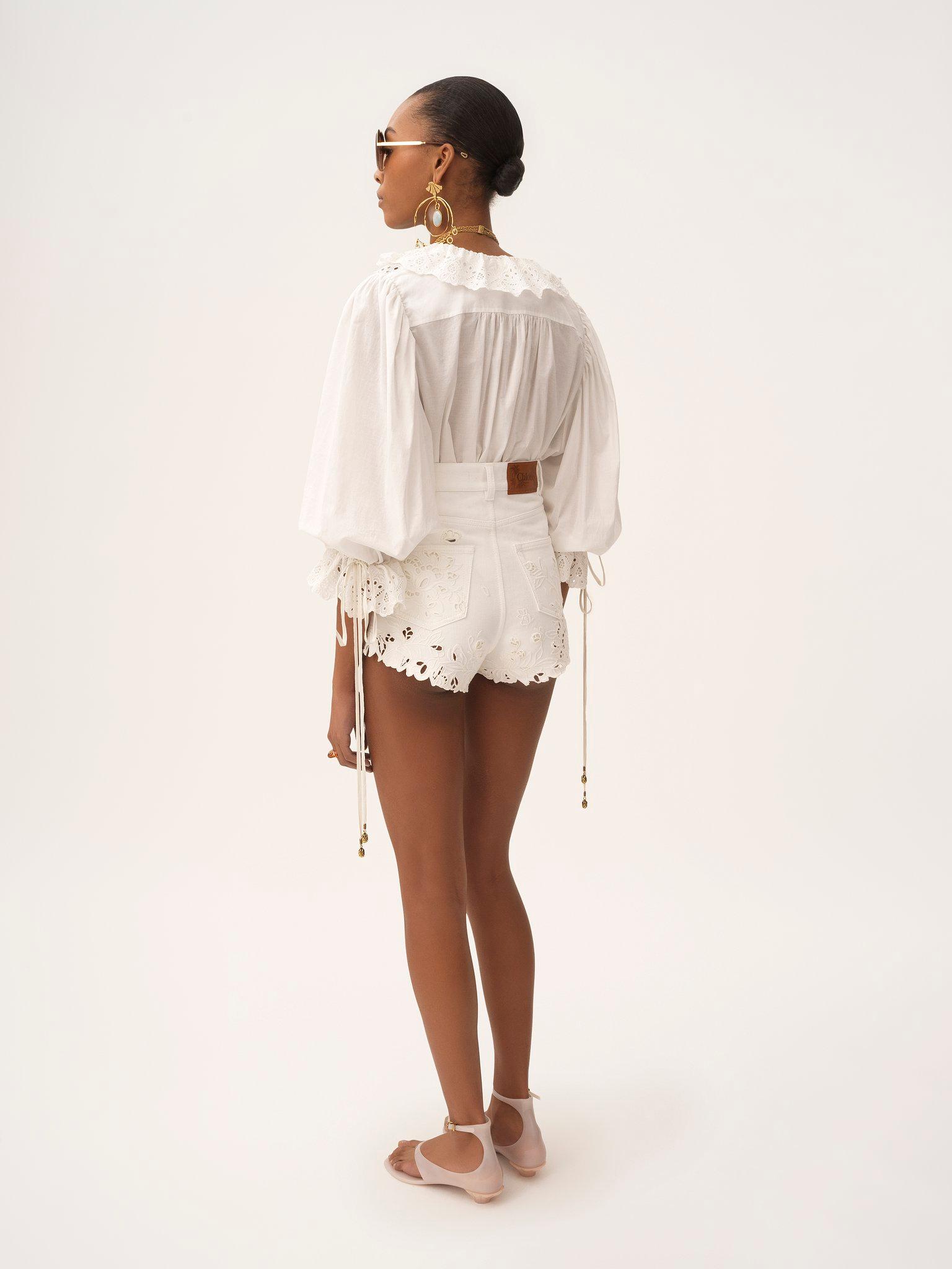 Puff-sleeve V-neck top in cotton voile Product Image