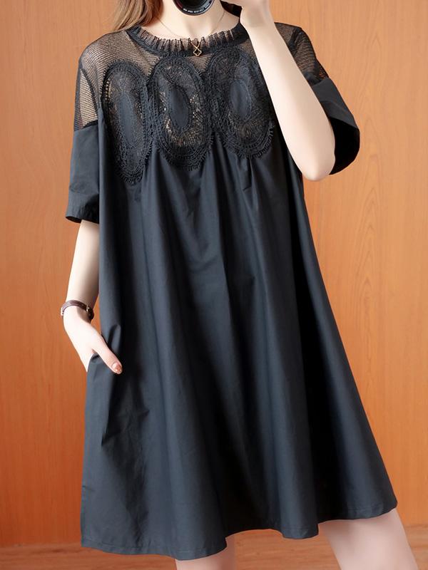 Original Solid Lace Split-Side Short Sleeve A-Line Mini Dress Product Image