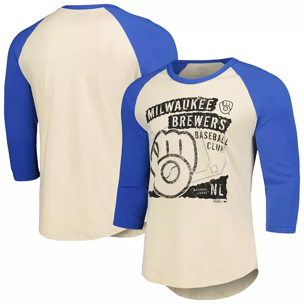 Men's Majestic Threads Cream/Royal Milwaukee Brewers Raglan 3/4-Sleeve T-Shirt, Size: Large, Beige Product Image