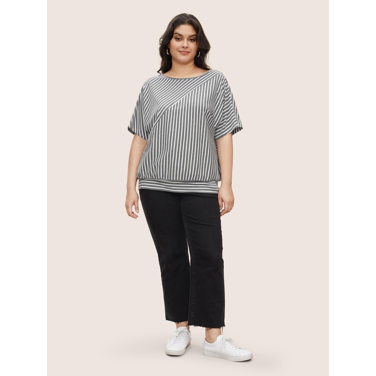 Plus Size Stripes Round Neck Dolman Sleeve T-shirt Gray Women Casual Contrast Round Neck Everyday T-shirts BloomChic 22-24/3X Product Image