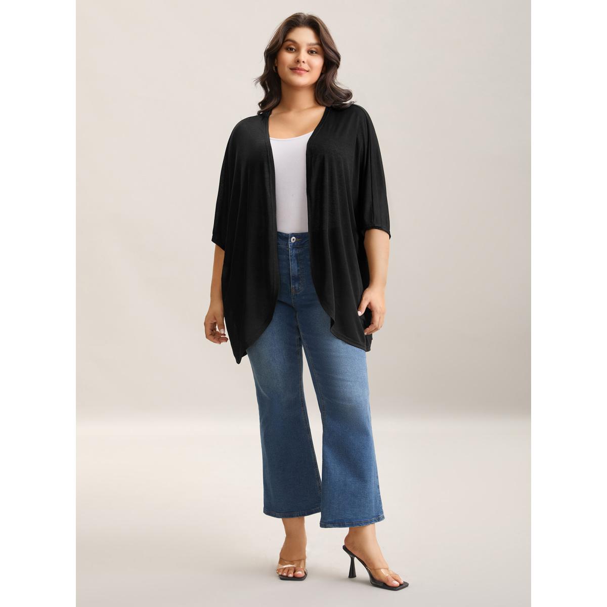 Plus Size Sheer Textured Open Front Kimono Women Black Leisure See through Loose Casual Kimonos BloomChic 30/6X Product Image