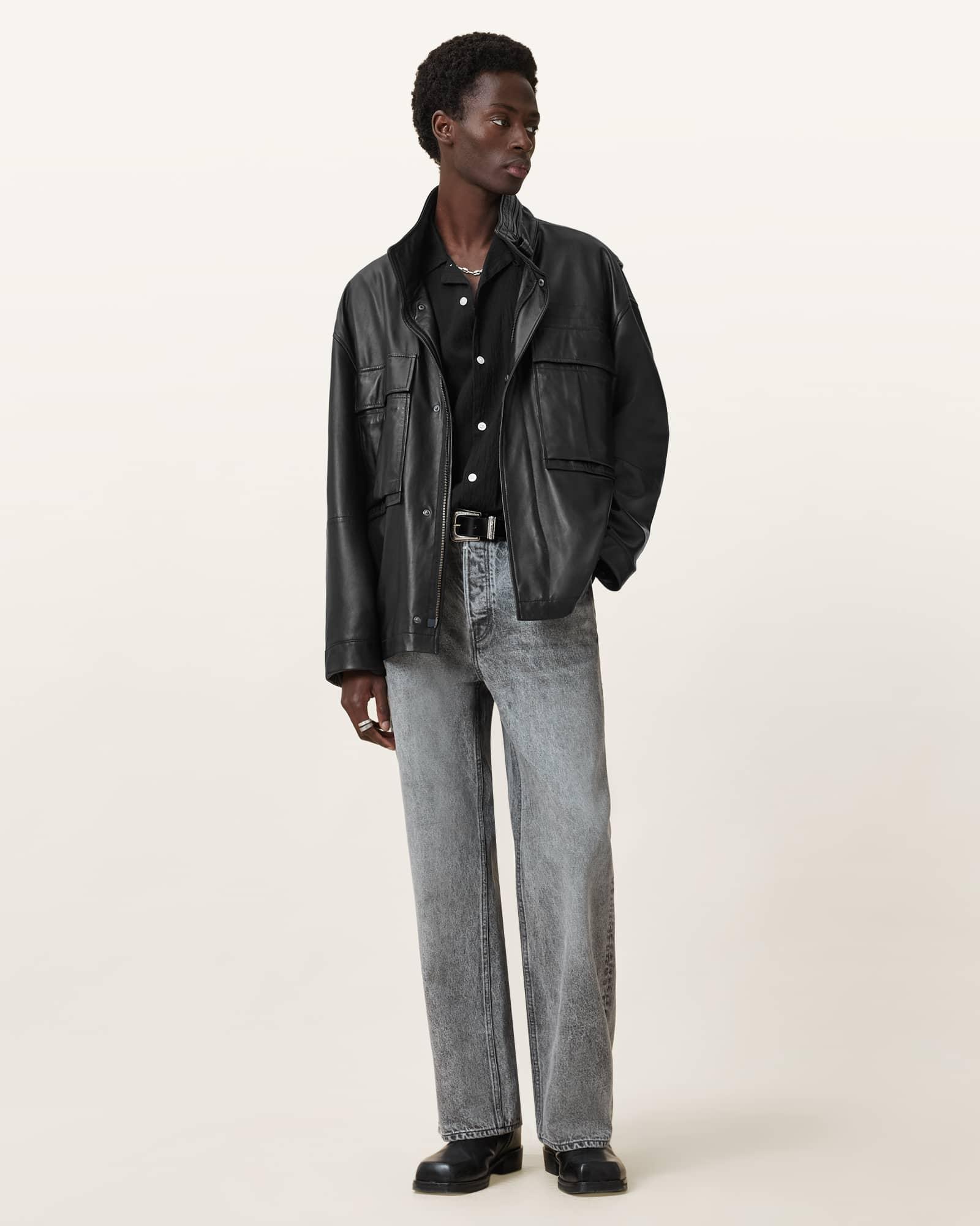 Halton Funnel Collar Leather Jacket Product Image