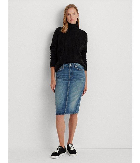 Lauren Ralph Lauren Sunset Indigo Wash Stretch Denim Mid Rise Pencil Skirt Product Image