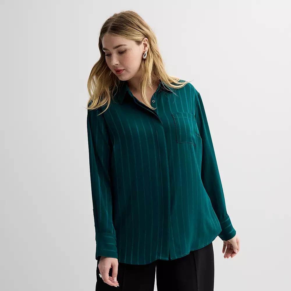 Plus Size Nine West Drapey Button Down Shirt, Women's, Size: 0X, Brazilian Blue Product Image