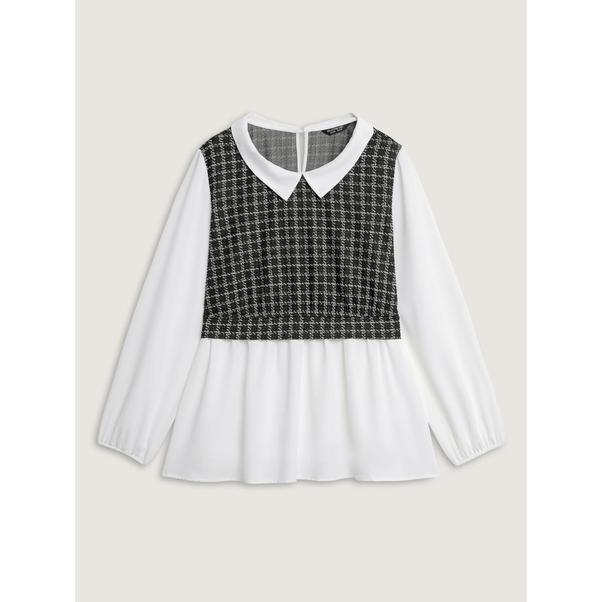 Plus Size Ivory Houndstooth Pattern Color Contrast Blouse Women Timeless Long Sleeve Lapel Collar Elegant Blouses BloomChic 18-20/2X Product Image