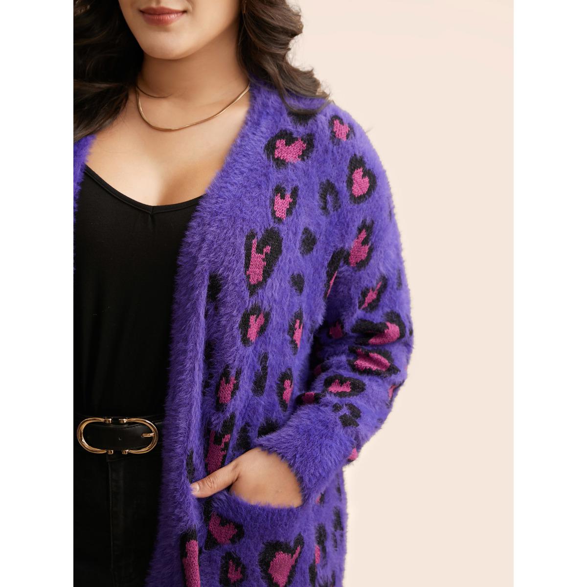Plus Size Leopard Print Fluffy Patch Pocket Cardigan Deeppurple Women Casual Loose Long Sleeve Everyday Cardigans BloomChic 14-16/1X Product Image