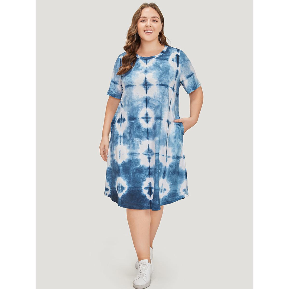 Plus Size Tie Dye Pocket Ruffle Hem Crew Neck Dress Blue Women Casual Printed Round Neck Short sleeve Curvy Midi Dress BloomChic 22-24/3X Product Image