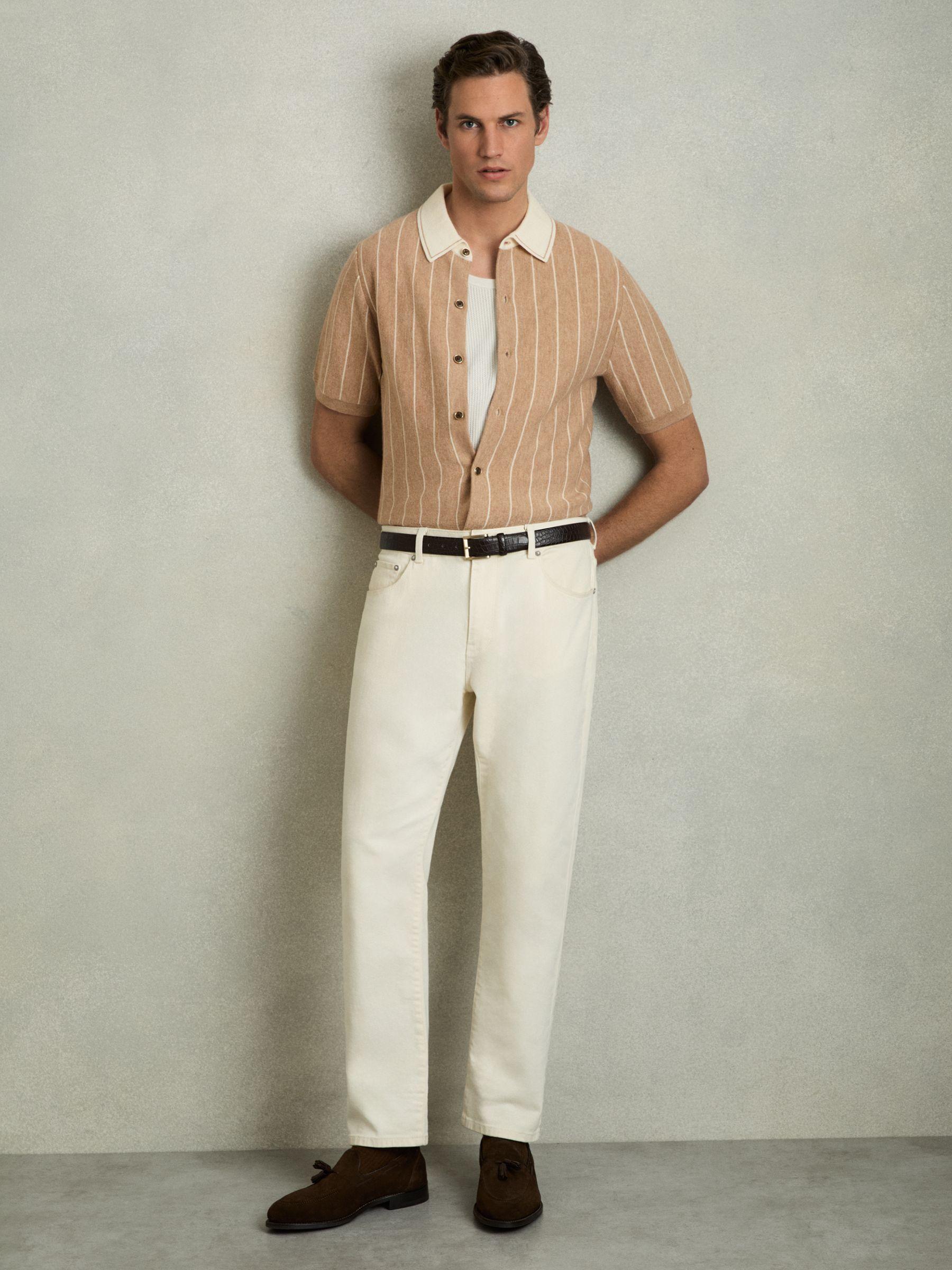 Wool Striped-Knit Short-Sleeve Shirt in Camel Product Image