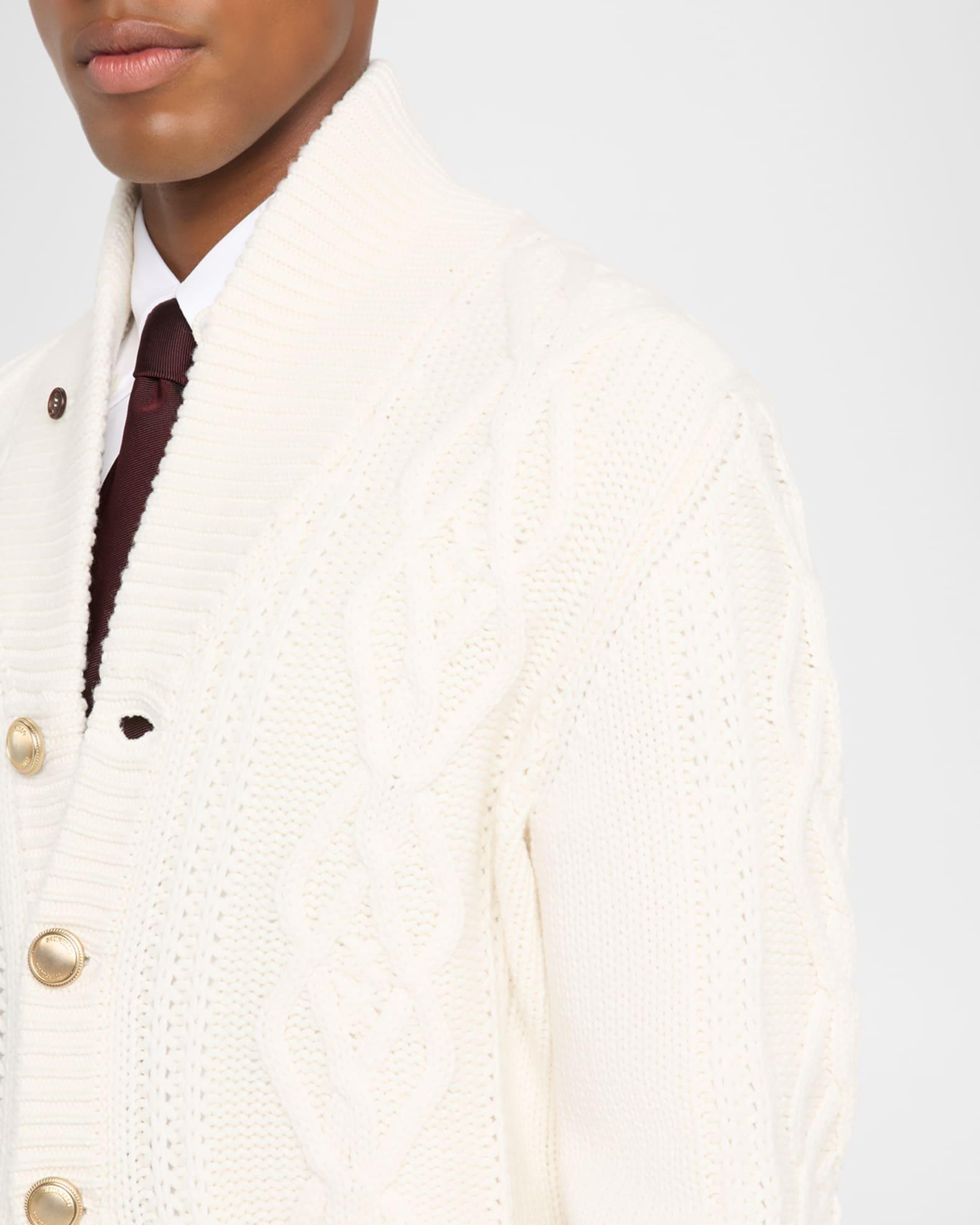 Men's Cashmere Cable Knit Shawl Collar Cardigan with Metal Buttons Product Image