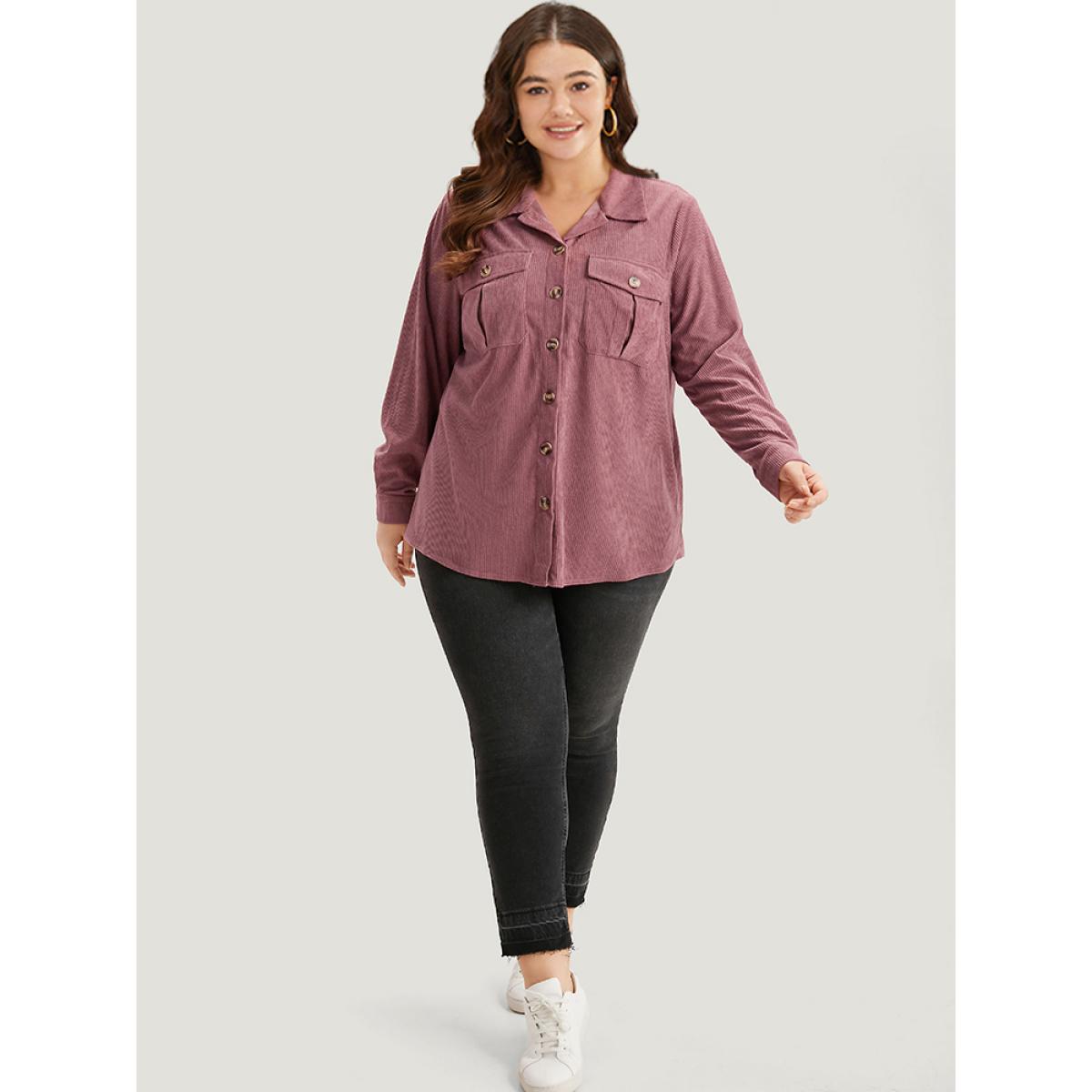 Plus Size Plain Texture Pocket Button Through Shirt Collar Coat Women DustyPink Casual Texture Ladies Dailywear Winter Coats BloomChic 10/M Product Image