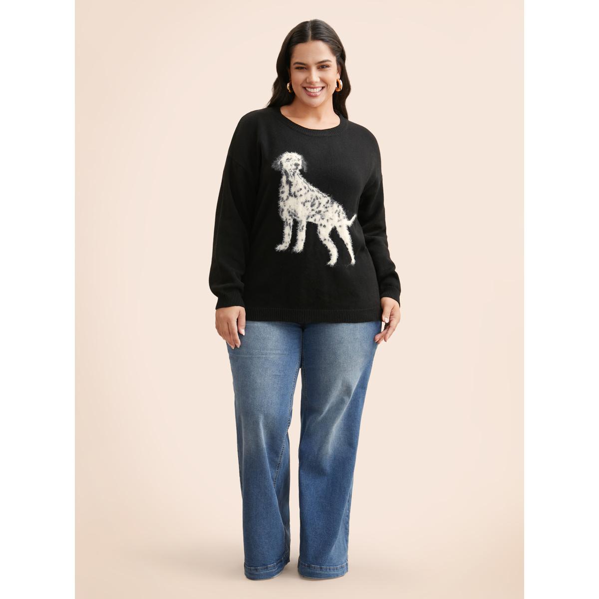 Plus Size Dog Jacquard Fluffy Drop Shoulder Pullover Black Women Casual Long Sleeve Round Neck Everyday Pullovers BloomChic 22-24/3X Product Image