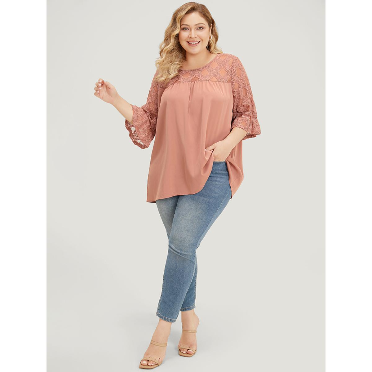 Plus Size DustyPink Solid Lace Mesh Panel Bell Sleeve Blouse Women Elegant Elbow-length sleeve Round Neck Dailywear Blouses BloomChic 26/4X Product Image