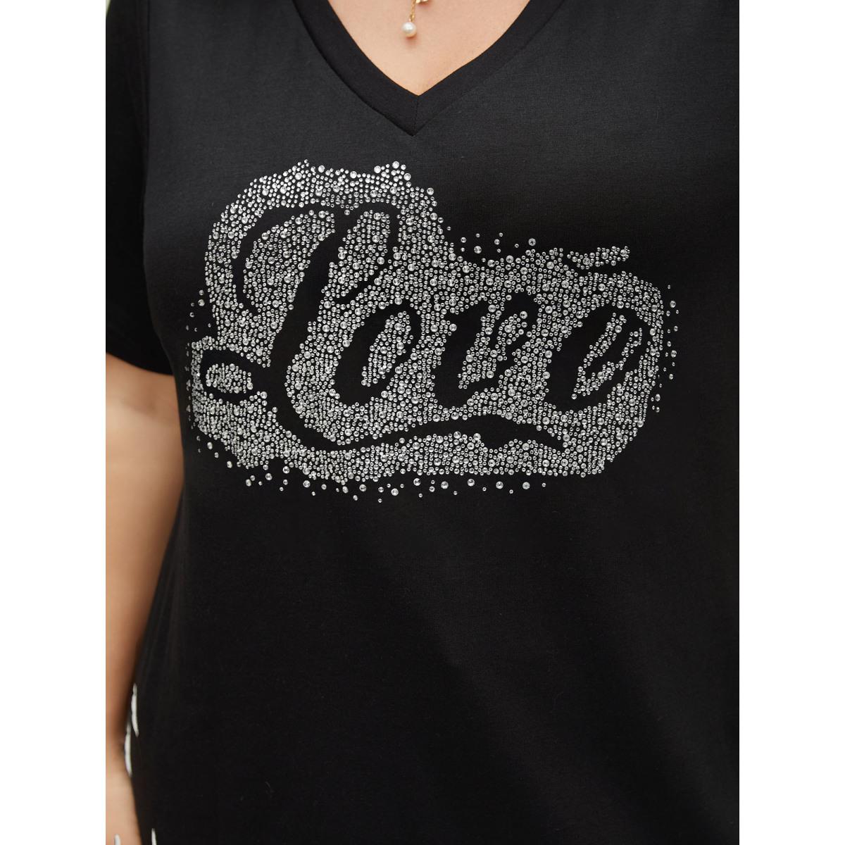 Plus Size Love Rhinestone V Neck T-shirt Black Women Casual Rhinestone detailing Art&design Everyday T-shirts BloomChic 12/L Product Image