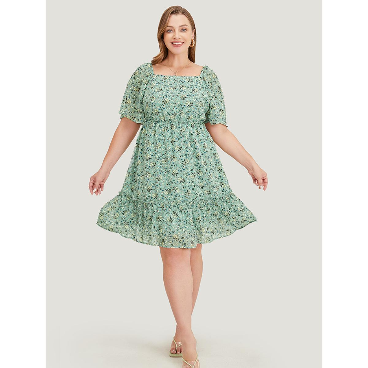 Plus Size Ditsy Floral Square Neck Frill Trim Pocket Ruffle Hem Dress Mint Women Elegant Lined Square Neck Short sleeve Curvy Short Dress BloomChic 28/5X Product Image