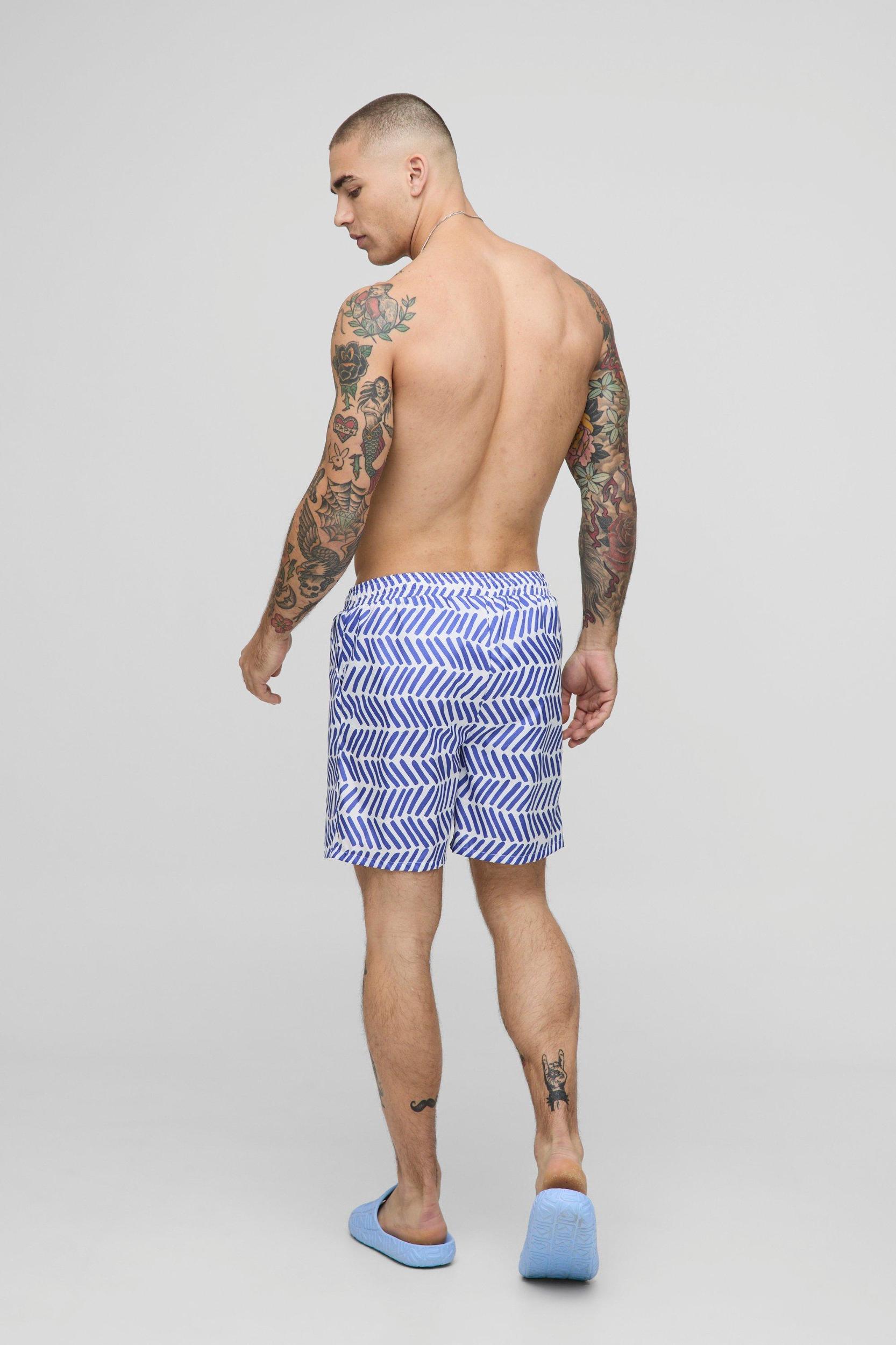 Pattern Printed Mid Length Swim Trunks | boohooMAN USA Product Image