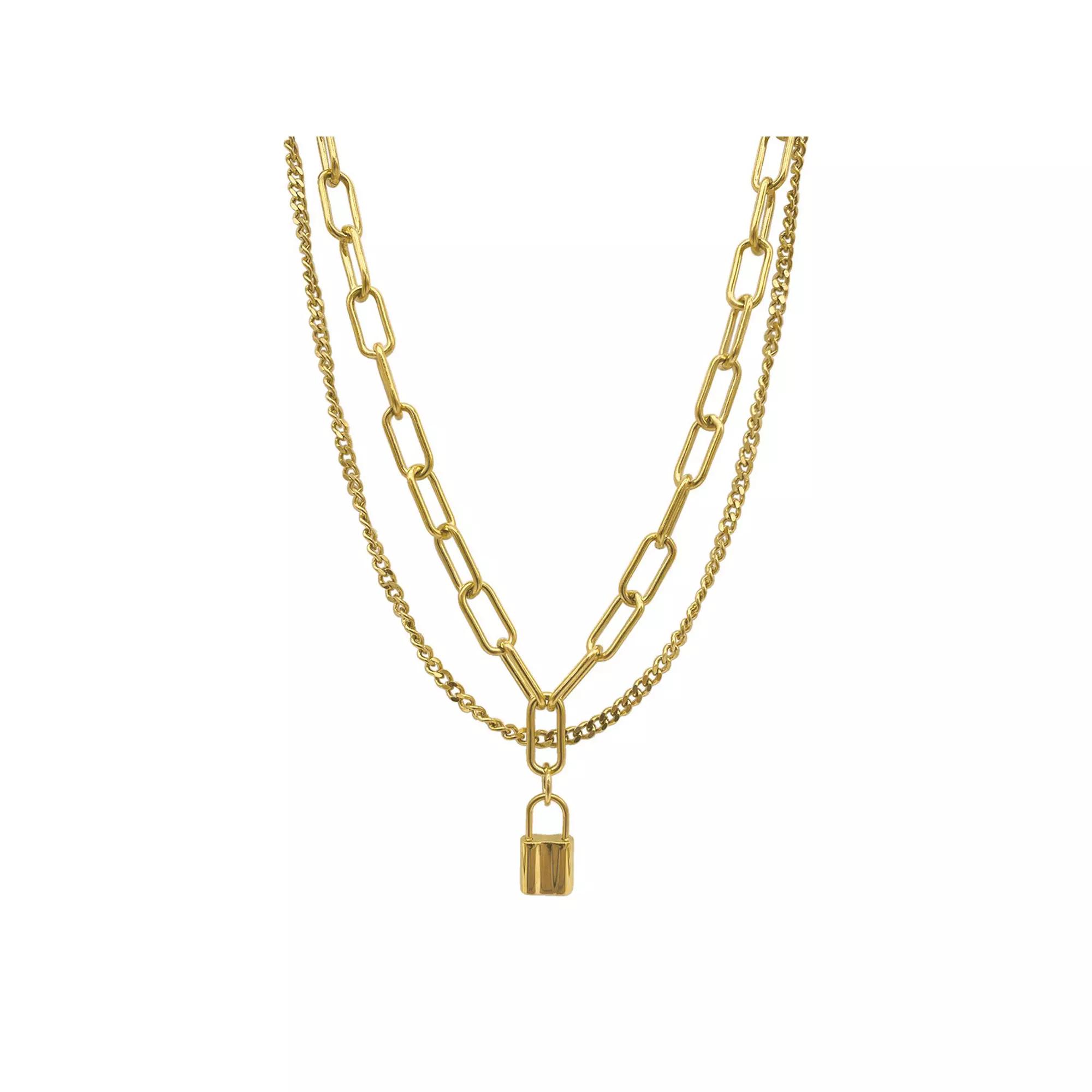 Adornia Stainless Steel Layered Curb and Paper Clip Chain Lock Necklace, Women's, Size: 18", Gold Tone Product Image