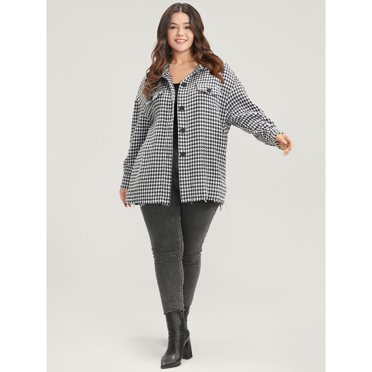Plus Size Houndstooth Pocket Button Up Coat Women Black Casual Button Ladies Dailywear Winter Coats BloomChic 14-16/1X Product Image